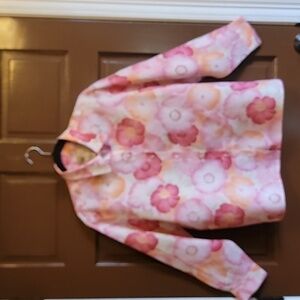 Liz Claiborne-Linen pink,and orange floral print, long sleeved,collared shirt LP